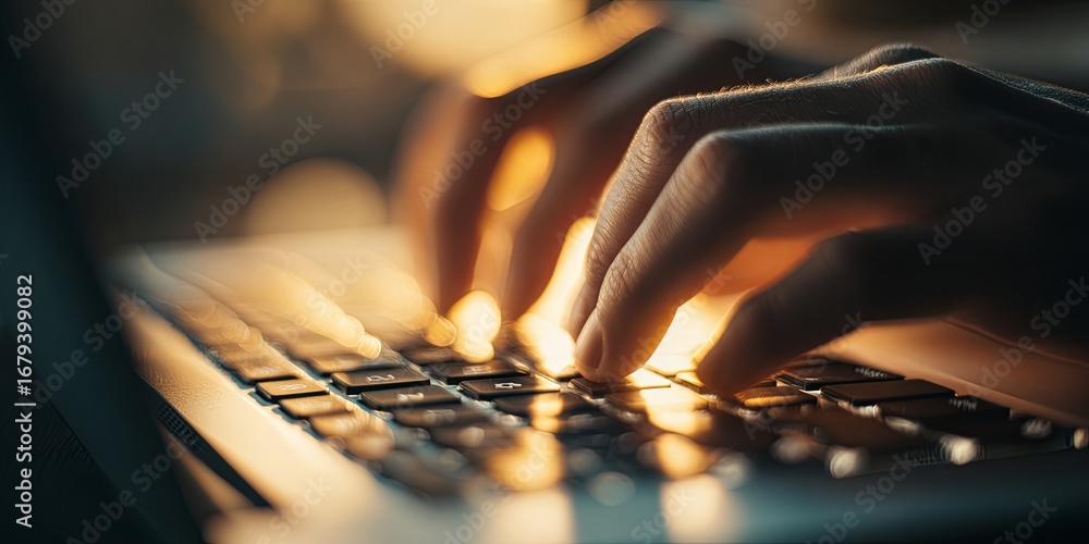 Aufkleber close-up view of hands typing on a laptop keyboard in a softly lit environment