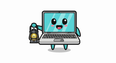 Cartoon laptop character holding lantern, ready to light the way.