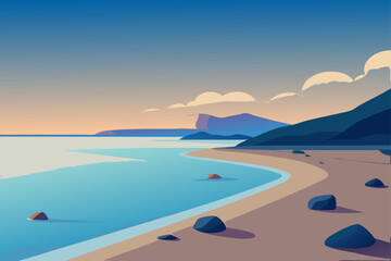 Fototapeta premium Serene coastal landscape with calm blue water sandy beach and distant mountains under a gradient sky