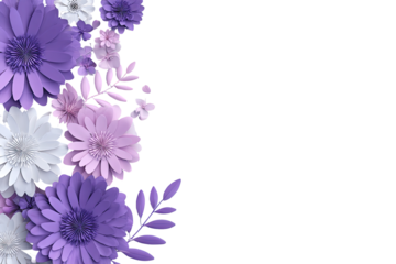 Floral border of paper flowers in shades of purple and white,  against a dark background