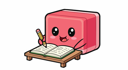 Cute Cartoon Eraser Writing in Notebook with Pencil.