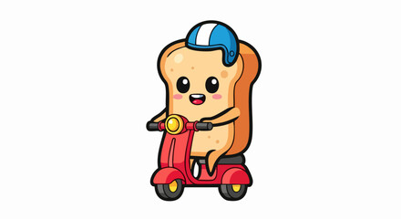 Fototapeta premium Animated bread slice character riding a red scooter for delivery.