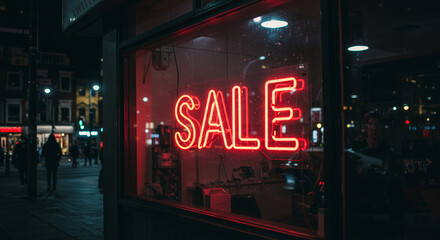 Neon "SALE" sign glowing in shop window at night in urban setting  