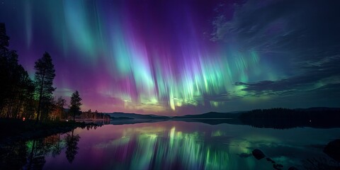 Majestic Aurora Borealis Over Serene Lake and Forest Reflections at Night
