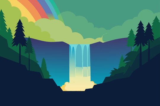 Serene waterfall cascades down a cliff face surrounded by lush green trees and a vibrant rainbow in the sky