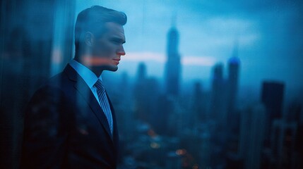 Fototapeta premium Confident businessman in suit looking out over modern city skyline at dusk, symbolizing ambition, leadership, vision and corporate resilience