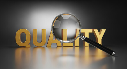 Magnifying glass inspecting golden quality control word