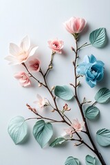 Background with elegant branches of plants and floweers in pastel colors.