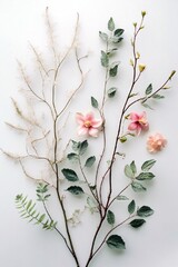 Background with elegant branches of plants and floweers in pastel colors.