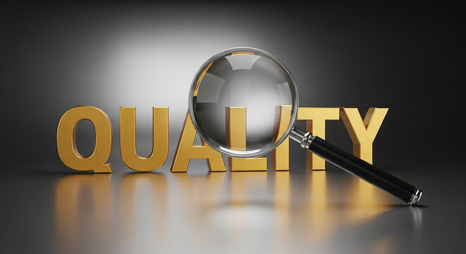 Magnifying glass inspecting golden quality control word