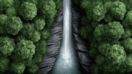 Lush forest, waterfall, rocky canyon