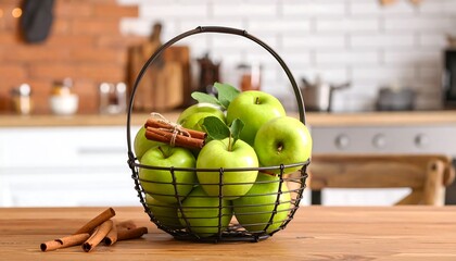 Green apples in a wire basket on a wooden table