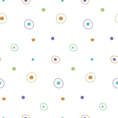 Seamless pattern of colorful polka dots and concentric circles in a playful, abstract design
