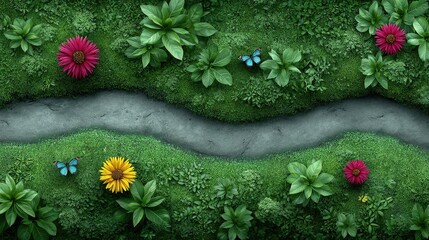 Lush green landscape with winding path