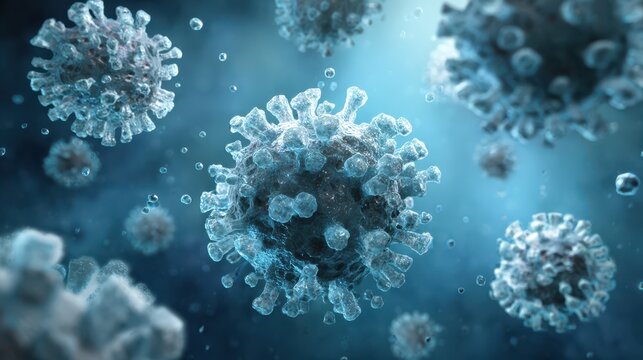 3D render illustration of chikungunya virus particles with protein spikes. Detailed spherical structures floating in a blue gradient background, ideal medical stock image for infectious disease topics