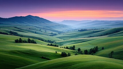 Lush rolling hills at sunrise