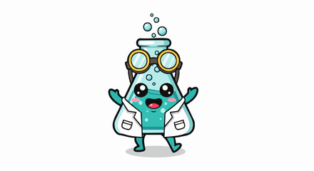 Cute cartoon science beaker character wearing a lab coat and goggles.