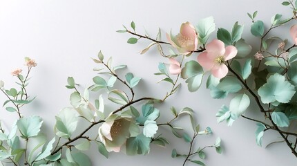 Background with elegant branches of plants and floweers in pastel colors.