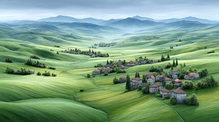 Lush rolling hills, villages nestled in valleys, misty mountains
