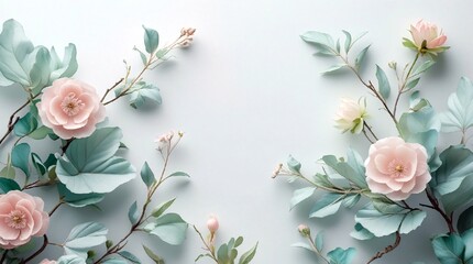 Background with elegant branches of plants and floweers in pastel colors.