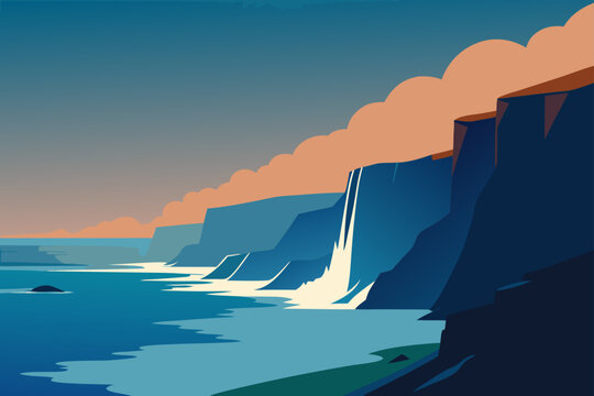 Stylized illustration of a dramatic coastal landscape with cliffs and a waterfall cascading into the ocean under a cloudy sky