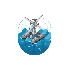 Tidal Energy Turbine Vector Illustration on Water