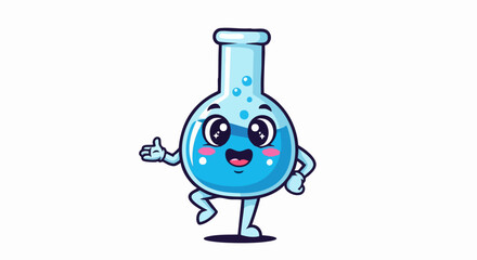 Cute cartoon science flask character with happy face and arms and legs.