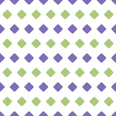 Seamless pattern of rounded purple and green diamonds arranged in a geometric grid on a white background