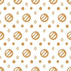 Abstract pattern featuring golden circles with three lines and scattered diamonds and dots on a white background