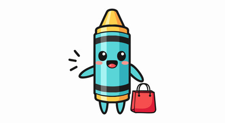 Cute cartoon crayon character happily shopping with a red bag.