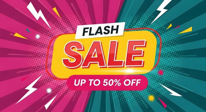 Flash sale up to 50 off with vibrant colors and dynamic graphic elements