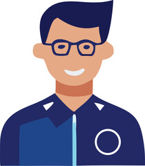 Professional man avatar with glasses and dark blue shirt smiling friendly for business and communication concepts