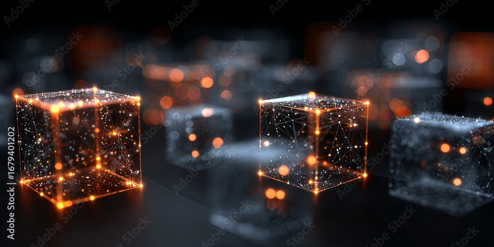 Poster abstract digital cubes with glowing lights and connections illustrating data technology and innovati