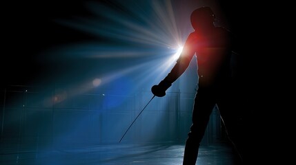 Obraz premium Dramatic silhouette of a fencer holding a foil in a dark hazy arena Intense backlighting creates a striking visual
