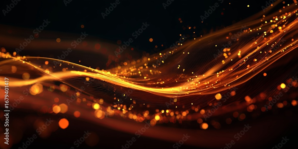 Poster abstract representation of flowing digital waves with glowing particles in a dark background, showca