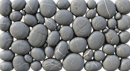 A natural wall made of smooth, grey river stones with white veins, arranged in a dense, textured pattern isolated on transparent background