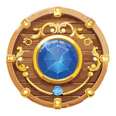 A golden, circular game icon with an ornate filigree design and a large central blue gem, ideal for a menu or button
