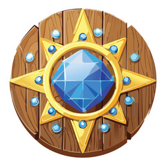 A round wooden shield with a central blue star-shaped gem and golden decorative accents, a unique fantasy element