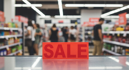 Sale sign in foreground with shoppers browsing in supermarket  