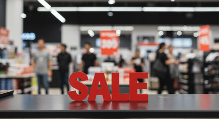 Red sale sign displayed on counter in busy retail store  