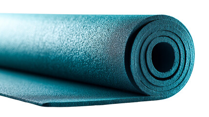 Textured teal yoga mat rolled tightly reflecting light, isolated on a transparent field