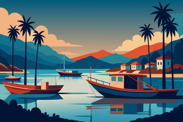 Obraz premium Idyllic tropical bay with palm trees boats and coastal village at sunset