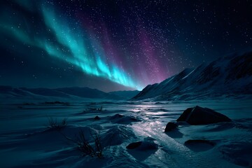 Naklejka premium Farbintensive Polarlichter über verschneiten Bergen 