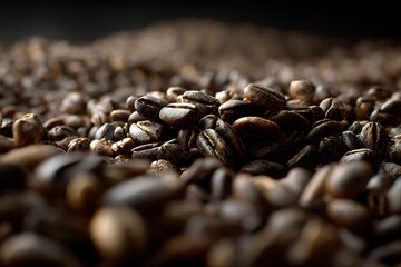 A dense background filled with roasted coffee beans, creating a textured visual in rich brown hues, capturing the essence of a coffee lovera??s paradise.