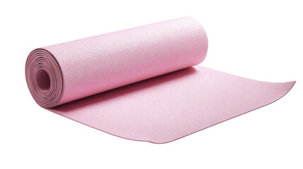 A studio shot displays a neatly rolled, soft pink yoga mat, perfect for fitness and wellness