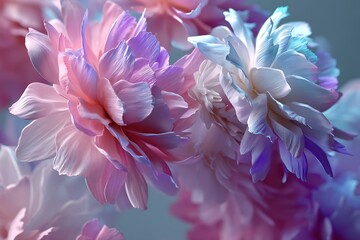 Obraz premium A delicate close-up of floating flowers in pastel shades of pink, purple, and white, their petals glowing gently under soft light. The ethereal beauty of the flowers is enhanced 