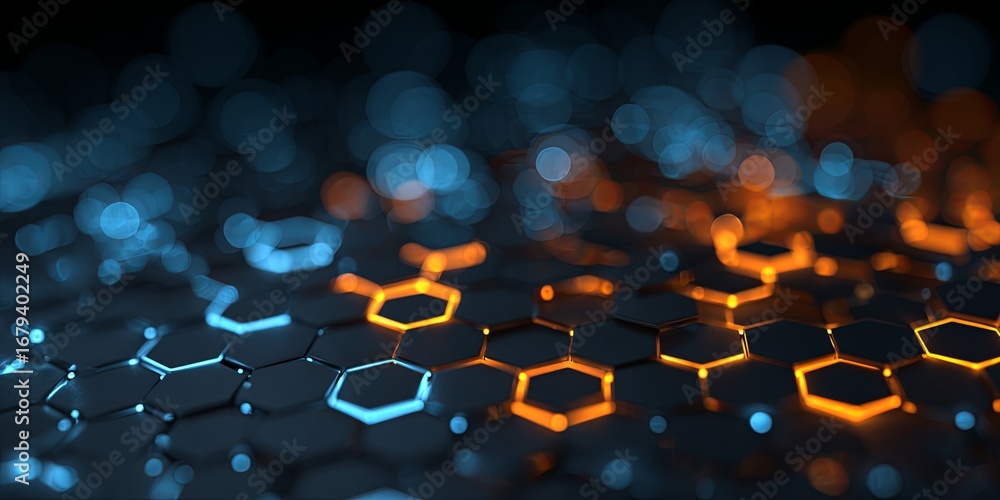 Poster glowing hexagonal pattern with blue and orange bokeh effects on dark background for abstract technol