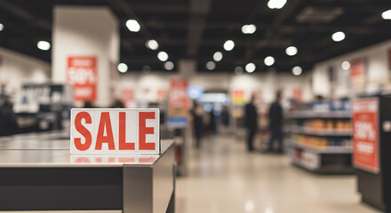 Sale sign displayed prominently in a retail store with shoppers around  