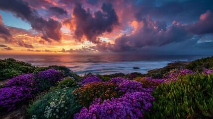 High quality image of coastal sunset flowers; dramatic sky, ocean view.