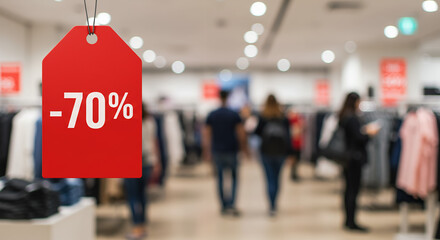 Sale sign with -70% discount in clothing store with shoppers 
